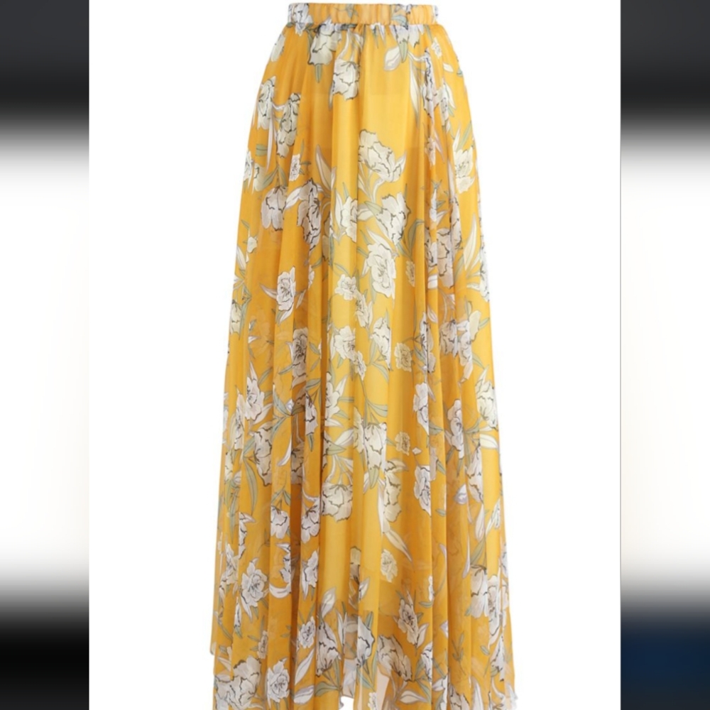 Flower Season Chiffon Maxi Skirt in Yellow